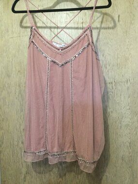 Maurices pink crisscross  straps tank top size 2 sheer overlay in front 22 p2p